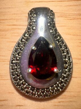 BOMA Sterling Silver Red Garnet Marcasite Pear Teardrop Pendant 1.25" / 12.35g